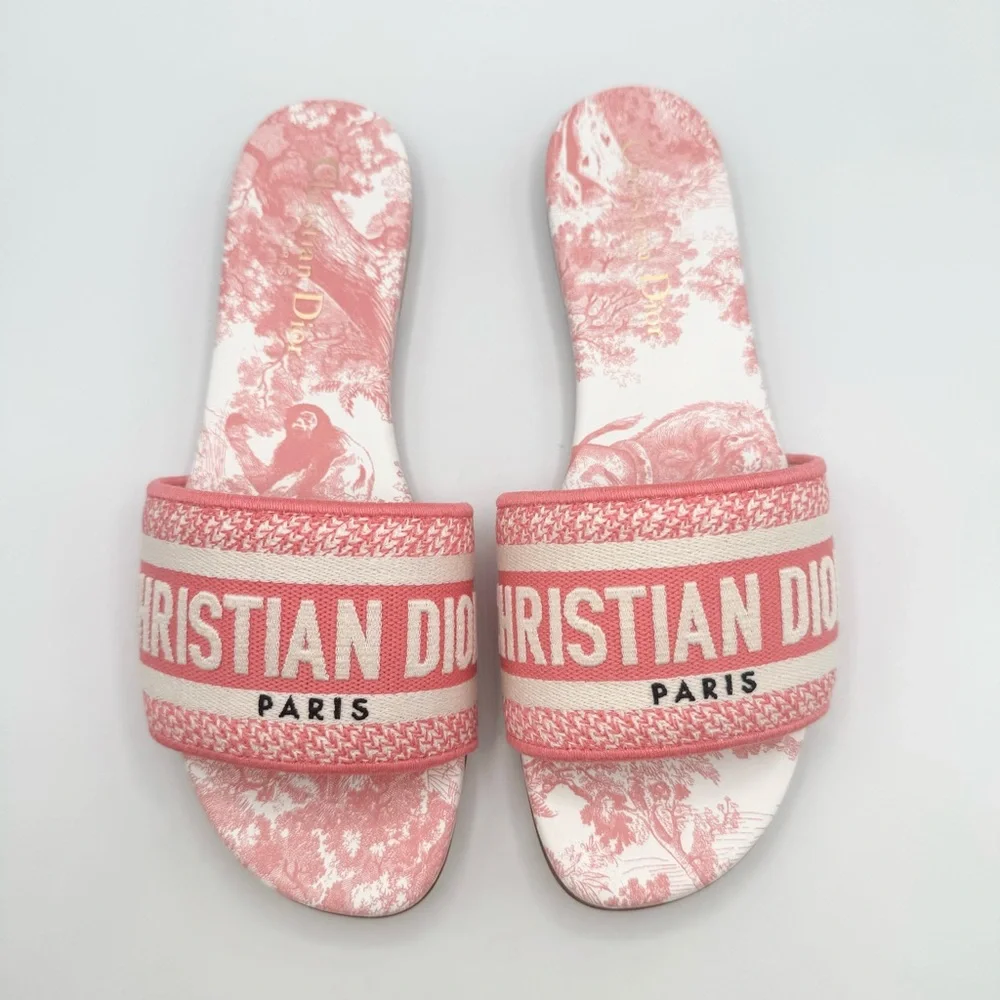 NEW Dior Pink White Dway Toile Embroidered Canvas Flat Slide Sandals Shoes